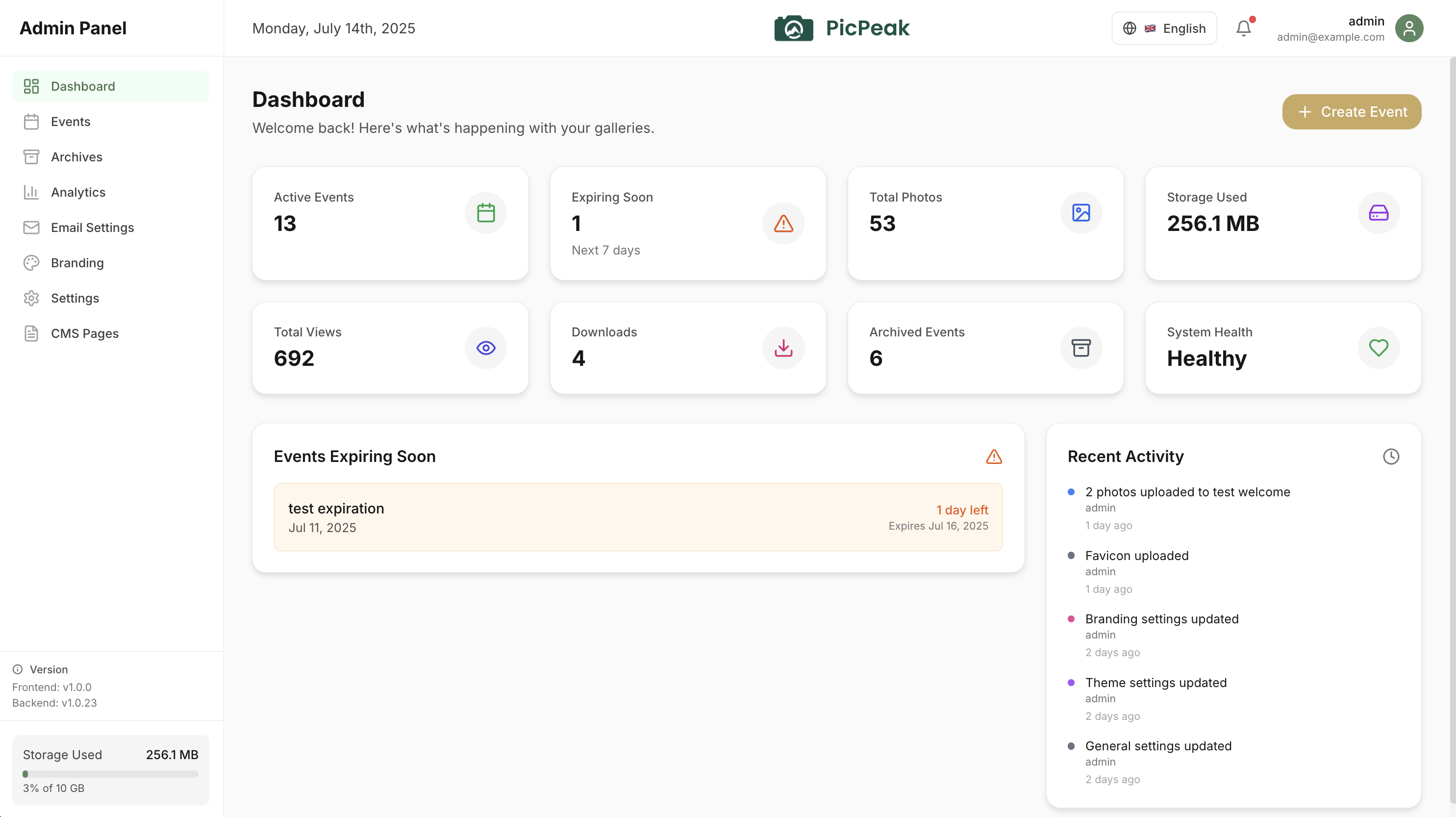 PicPeak Admin Dashboard